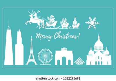 Santa Claus with Christmas presents in sleigh with reindeers over famous buildings and constructions of different countries. New Year and Christmas greeting card.