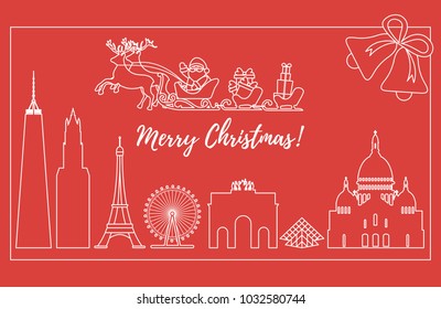 Santa Claus with Christmas presents in sleigh with reindeers over famous buildings and constructions of different countries. New Year and Christmas greeting card.