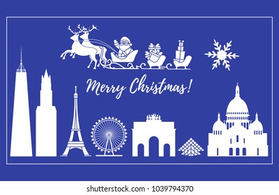 Santa Claus with Christmas presents in sleigh with reindeer over famous buildings and constructions of different countries. New Year and Christmas greeting card.