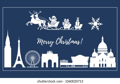 Santa Claus with Christmas presents in sleigh with reindeers over famous buildings and constructions of different countries. New Year and Christmas greeting card.