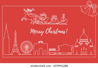 Santa Claus with Christmas presents in sleigh with reindeers over famous buildings and constructions of different countries. New Year and Christmas greeting card.