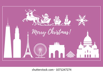 Santa Claus with Christmas presents in sleigh with reindeers over famous buildings and constructions of different countries. New Year and Christmas greeting card.