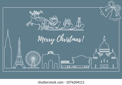 Santa Claus with Christmas presents in sleigh with reindeers over famous buildings and constructions of different countries. New Year and Christmas greeting card.