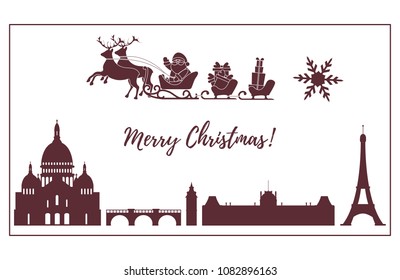 Santa Claus with Christmas presents in sleigh with reindeers flying over Paris. New Year and Christmas illustration. Design for greeting card, poster or print.