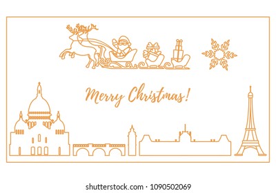 Santa Claus with Christmas presents in sleigh with reindeers flying over Paris. New Year and Christmas illustration. Design for greeting card, poster or print.