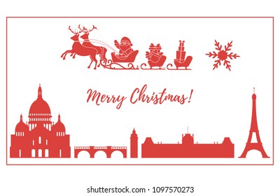 Santa Claus with Christmas presents in sleigh with reindeers flying over Paris. New Year and Christmas illustration. Design for greeting card, poster or print.