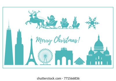 Santa Claus with Christmas presents in sleigh with reindeers over famous buildings and constructions of different countries. New Year and Christmas greeting card.