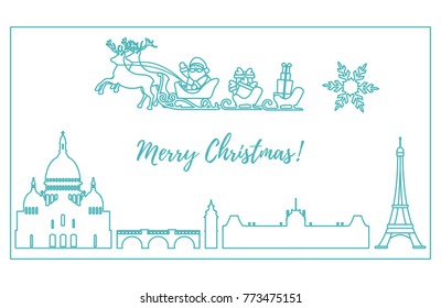 Santa Claus with Christmas presents in sleigh with reindeers flying over Paris. New Year and Christmas illustration. Design for greeting card, poster or print.