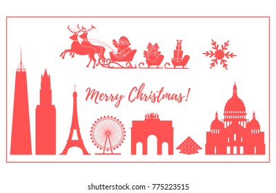 Santa Claus with Christmas presents in sleigh with reindeers over famous buildings and constructions of different countries. New Year and Christmas greeting card.