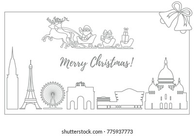 Santa Claus with Christmas presents in sleigh with reindeers over famous buildings and constructions of different countries. New Year and Christmas greeting card.
