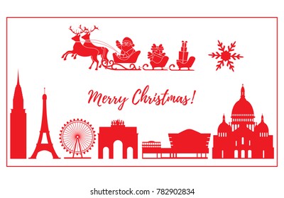 Santa Claus with Christmas presents in sleigh with reindeers over famous buildings and constructions of different countries. New Year and Christmas greeting card.