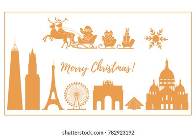 Santa Claus with Christmas presents in sleigh with reindeers over famous buildings and constructions of different countries. New Year and Christmas greeting card.