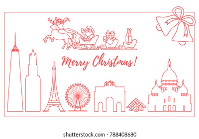 Santa Claus with Christmas presents in sleigh with reindeers over famous buildings and constructions of different countries. New Year and Christmas greeting card.