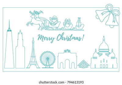 Santa Claus with Christmas presents in sleigh with reindeers over famous buildings and constructions of different countries. New Year and Christmas greeting card.