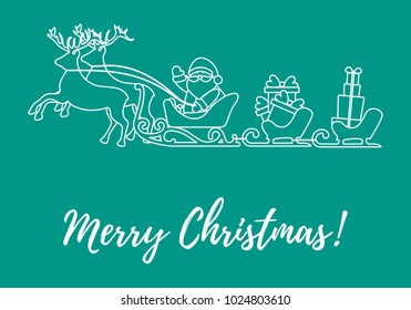 Santa Claus with Christmas presents in sleighs with reindeers. New Year and Christmas illustration. Design for greeting card, banner, poster or print. 