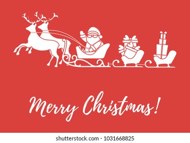 Santa Claus with Christmas presents in sleighs with reindeers. New Year and Christmas illustration. Design for greeting card, banner, poster or print. 