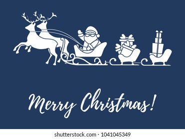 Santa Claus with Christmas presents in sleighs with reindeers. New Year and Christmas illustration. Design for greeting card, banner, poster or print. 