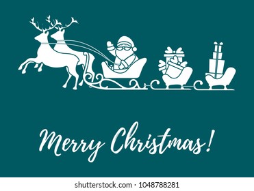 Santa Claus with Christmas presents in sleighs with reindeers. New Year and Christmas illustration. Design for greeting card, banner, poster or print. 