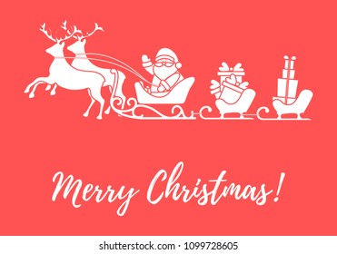 Santa Claus with Christmas presents in sleighs with reindeers. New Year and Christmas illustration. Design for greeting card, banner, poster or print. 
