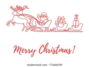 Santa Claus with Christmas presents in sleighs with reindeers. New Year and Christmas illustration. Design for greeting card, banner, poster or print. 