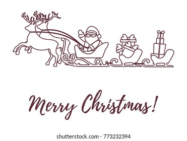 Santa Claus with Christmas presents in sleighs with reindeers. New Year and Christmas illustration. Design for greeting card, banner, poster or print. 