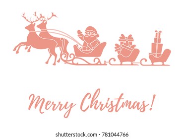 Santa Claus with Christmas presents in sleighs with reindeers. New Year and Christmas illustration. Design for greeting card, banner, poster or print. 