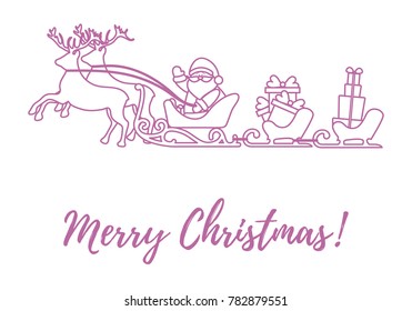 Santa Claus with Christmas presents in sleighs with reindeers. New Year and Christmas illustration. Design for greeting card, banner, poster or print. 