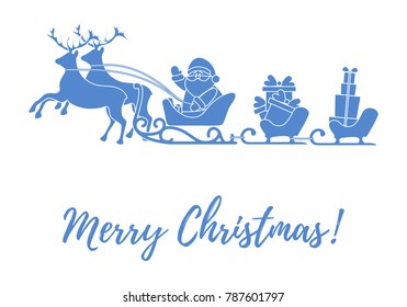 Santa Claus with Christmas presents in sleighs with reindeers. New Year and Christmas illustration. Design for greeting card, banner, poster or print. 