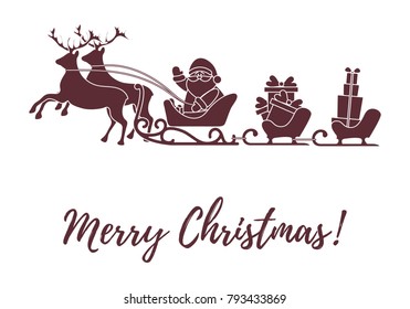 Santa Claus with Christmas presents in sleighs with reindeers. New Year and Christmas illustration. Design for greeting card, banner, poster or print. 