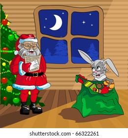 Santa Claus and Christmas rabbit with bag of gifts