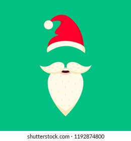 Santa Claus Christmas red hat, beard and mustache isolated on green background. New year and xmas party decoration. Vector illustration for website, header, banner, sticker, print, greeting card.