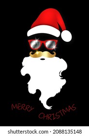 Santa Claus Christmas red hat, white beard, gold mustache and fashion mirrored sunglasses, festive xmas party decoration. Vector illustration for postcard party invitation isolated on black background