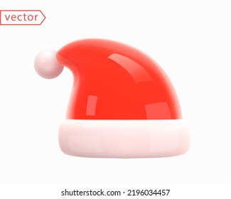 Santa Claus Christmas Red Hat. Christmas and New Year accessory. Realistic 3d mocup design element in shiny plastic cartoon style. Icon isolated on white background. 3D Vector illustration