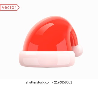 Santa Claus Christmas Red Hat. Christmas and New Year accessory. Realistic 3d mocup design element in shiny plastic cartoon style. Object isolated on white background. 3D Vector illustration