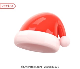 Santa Claus Christmas Red Hat with slope. Christmas and New Year accessory. Realistic 3d mocup design element. Shiny plastic cartoon style. Object isolated on white background. 3D Vector illustration