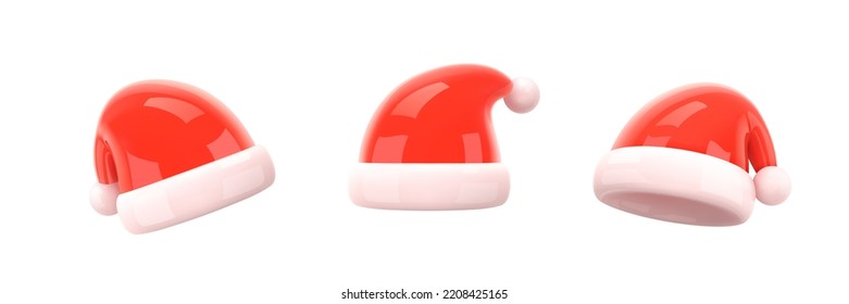 Santa Claus Christmas Red Hat Set. Christmas and New Year element of traditional costume. Realistic 3d mocup design element in cartoon style. Icons isolated on white background. 3D Vector illustration