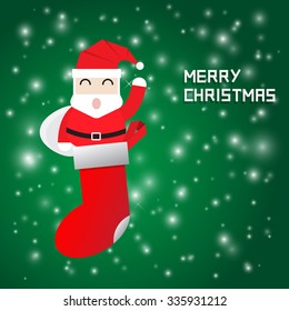 Santa Claus in Christmas red stocking on green background