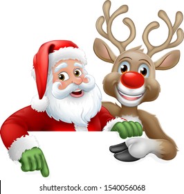 Santa Claus and Christmas reindeer with big red nose cartoon characters peeking over a sign and pointing at it
