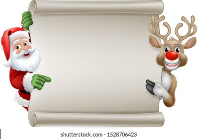 Santa Claus and Christmas reindeer cartoon characters peeking around a scroll sign and pointing at it