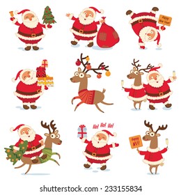 Santa Claus And Christmas Reindeer. Funny Cartoon Character. Vector Illustration. Isolated On White Background. Set