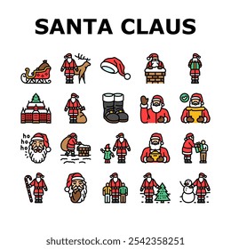 santa claus christmas reindeer icons set vector. sleigh northpole, elves gifts, jolly chimney, naughty nice tradition holiday festive santa claus christmas reindeer color line illustrations