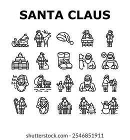 santa claus christmas reindeer icons set vector. sleigh northpole, elves gifts, jolly chimney, naughty nice tradition holiday festive santa claus christmas reindeer black contour illustrations