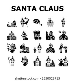 santa claus christmas reindeer icons set vector. sleigh northpole, elves gifts, jolly chimney, naughty nice tradition holiday festive santa claus christmas reindeer glyph pictogram Illustrations