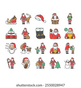 santa claus christmas reindeer icons set vector. sleigh northpole, elves gifts, jolly chimney, naughty nice tradition holiday festive santa claus christmas reindeer color line illustrations