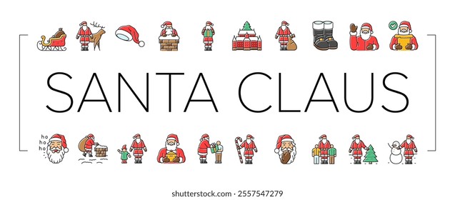 santa claus christmas reindeer icons set vector. sleigh northpole, elves gifts, jolly chimney, naughty nice tradition holiday festive santa claus christmas reindeer color line illustrations