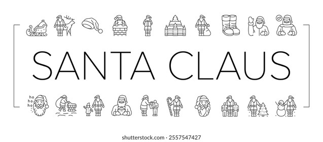 santa claus christmas reindeer icons set vector. sleigh northpole, elves gifts, jolly chimney, naughty nice tradition holiday festive santa claus christmas reindeer black contour illustrations