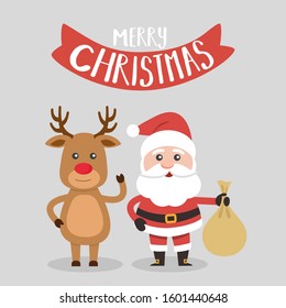 Santa Claus and Christmas reindeer, with Merry Christmas signa! . Christmas card