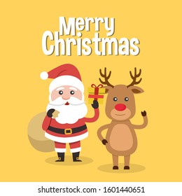 Santa Claus and Christmas reindeer, with Merry Christmas sign! . Christmas card