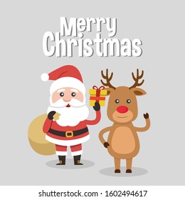 Santa Claus and Christmas reindeer, with Merry Christmas sign! . Christmas card