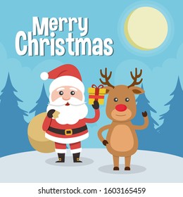 Santa Claus and Christmas reindeer, with Merry Christmas sign! . Christmas card